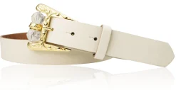 SOFIA Damen Ledergürtel mit verzierter Gürtelschnalle und Perlen in gold, 3 cm