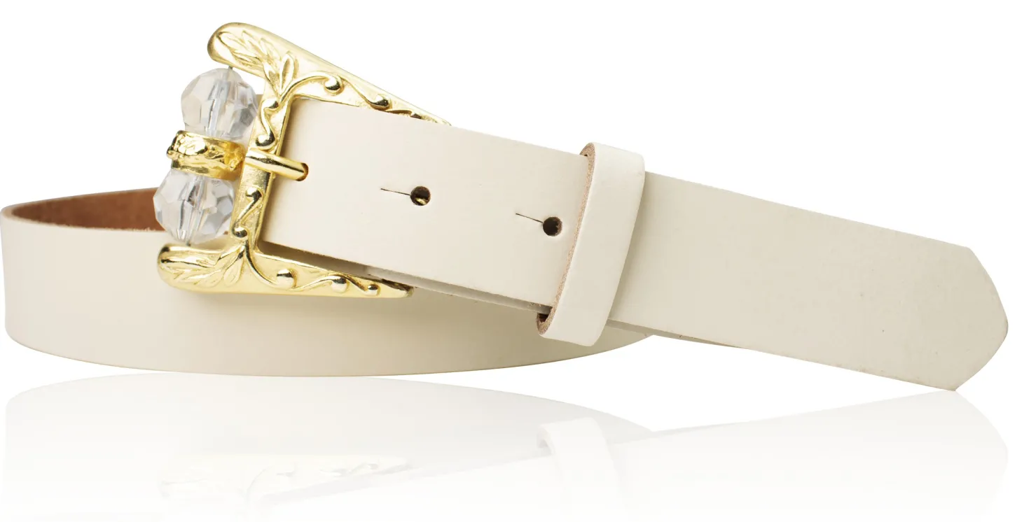 SOFIA Damen Ledergürtel mit verzierter Gürtelschnalle und Perlen in gold, 3 cm