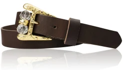 SOFIA Damen Ledergürtel mit verzierter Gürtelschnalle und Perlen in gold, 3 cm