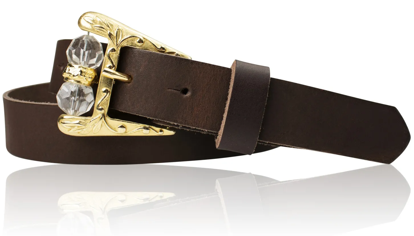 SOFIA Damen Ledergürtel mit verzierter Gürtelschnalle und Perlen in gold, 3 cm