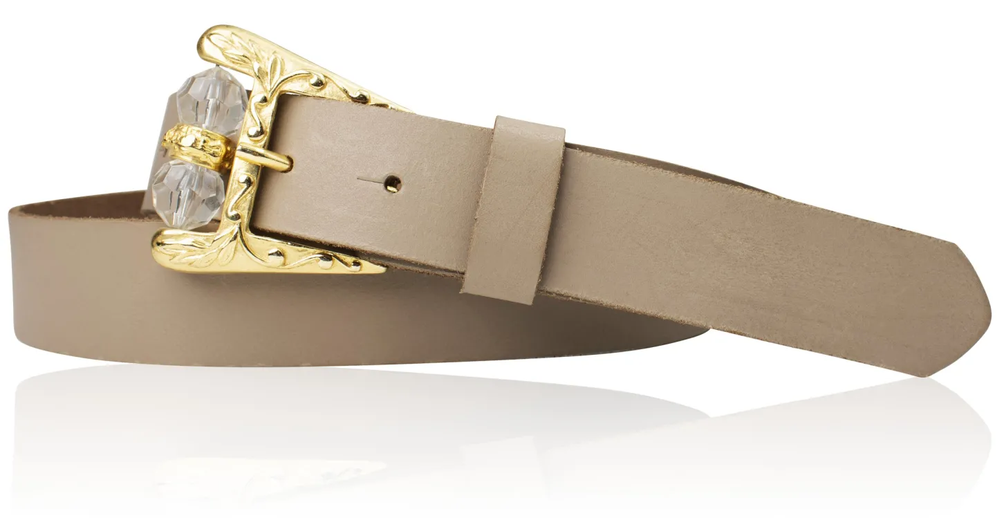 SOFIA Damen Ledergürtel mit verzierter Gürtelschnalle und Perlen in gold, 3 cm