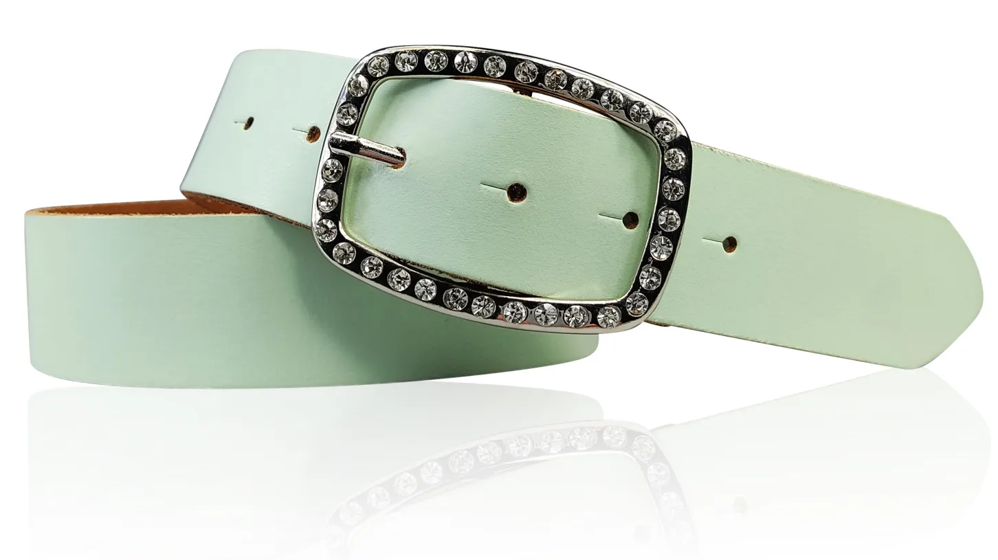 STELLA funkelnder Damen Ledergürtel 4 cm mit Strass Gürtelschnalle oval, echt Leder
