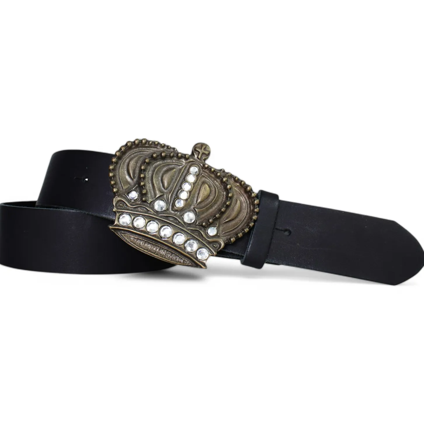 Trachtengürtel für Damen 4 cm, echt Leder, große Krone messingfarben, Strass