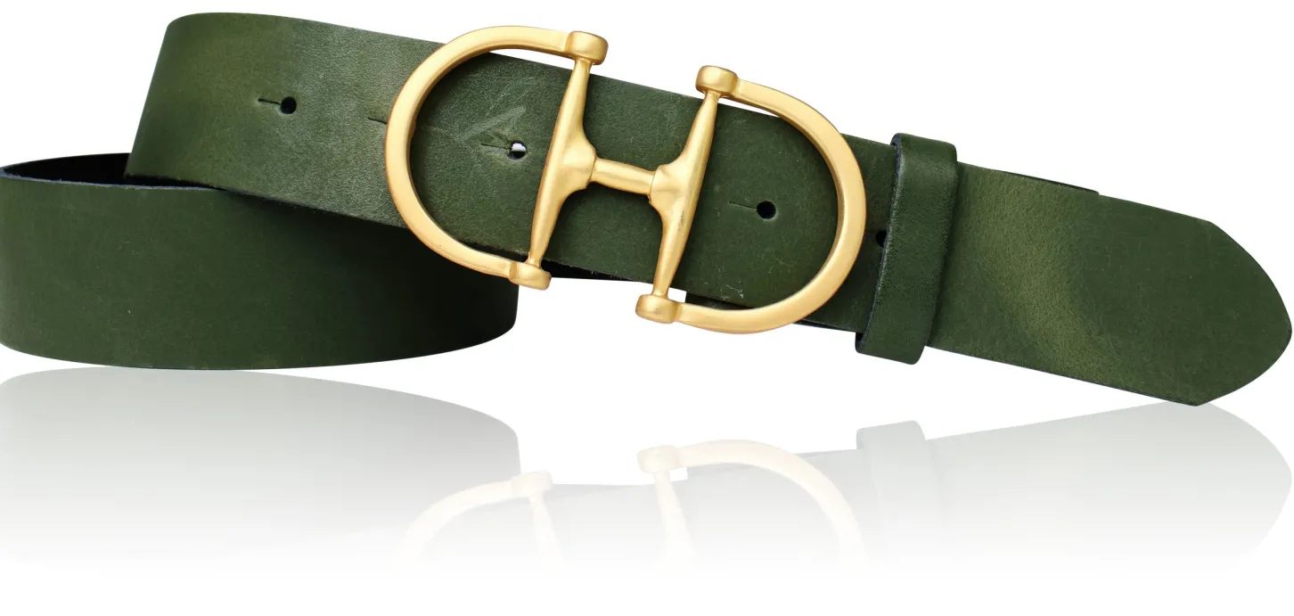 TURF-FEVER Damen Ledergürtel 4 cm mit goldener Schmuckschnalle, echt vergoldet, Horse-bit Gürtelschnalle